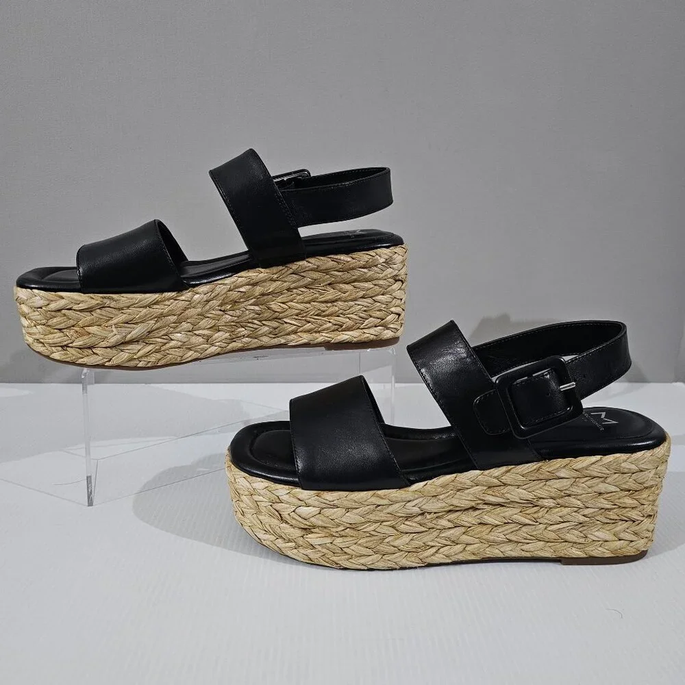 Marc Fisher LTD Patryce Platform Espadrille Sandal Size 9.5 Black Leather Raffia